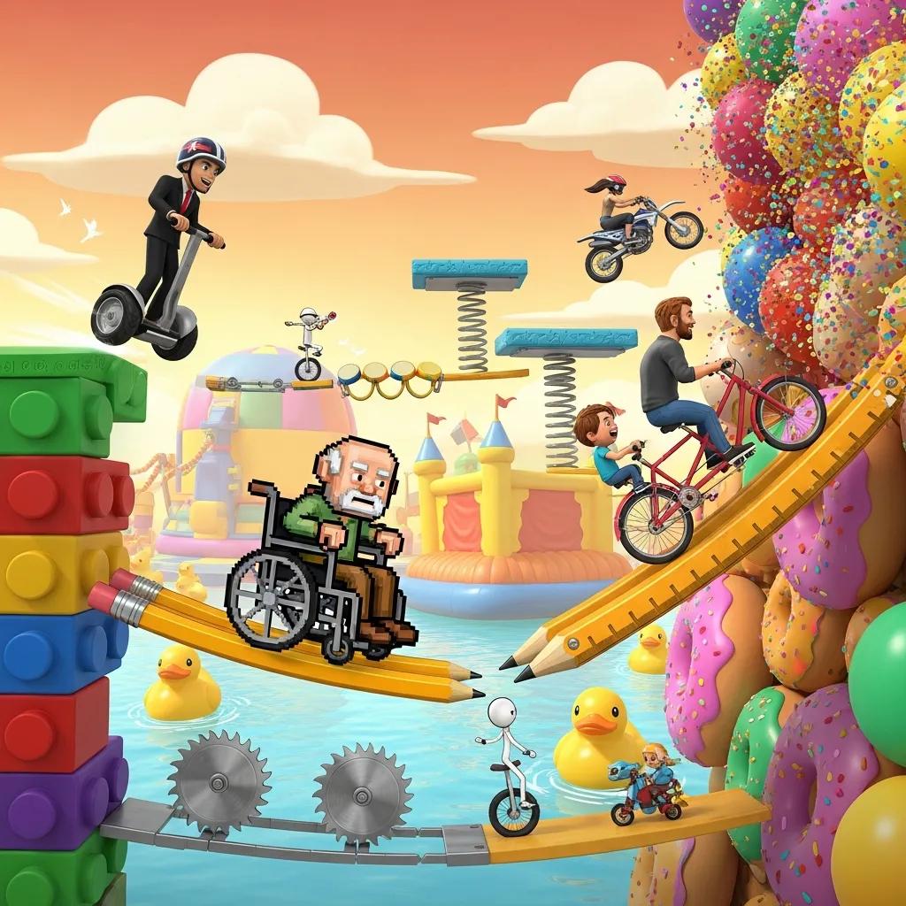 Different vehicles used in Happy Wheels, including Segways, bikes, and wheelchairs, highlighting the game's adventurous gameplay