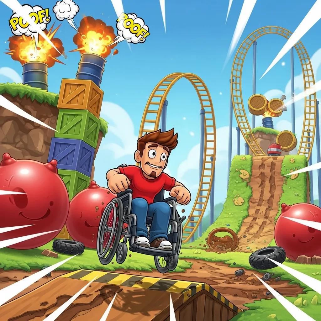 Happy Wheels character navigating through an obstacle-filled level, showcasing the game's humor and physics-based gameplay