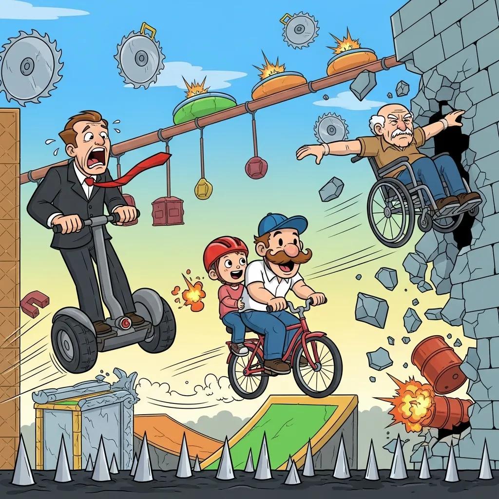 Main characters of Happy Wheels in action, showcasing their unique abilities and playful gameplay