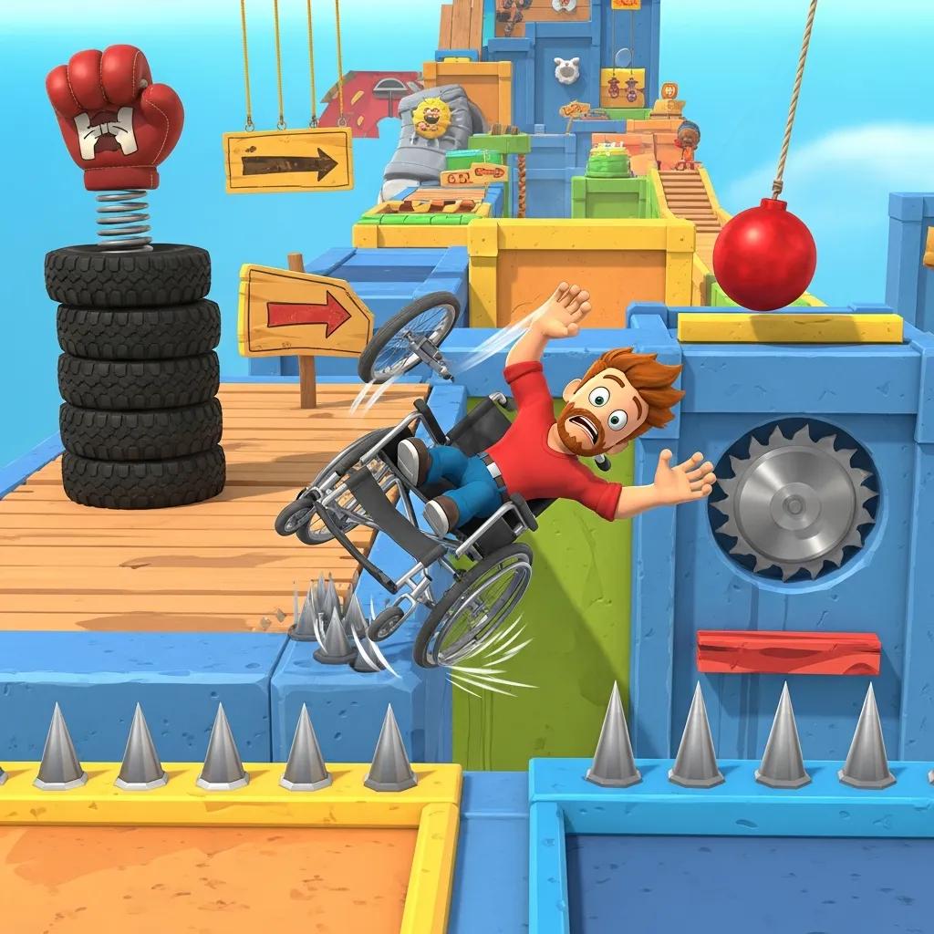 Happy Wheels character navigating an obstacle course with vibrant colors and dynamic action